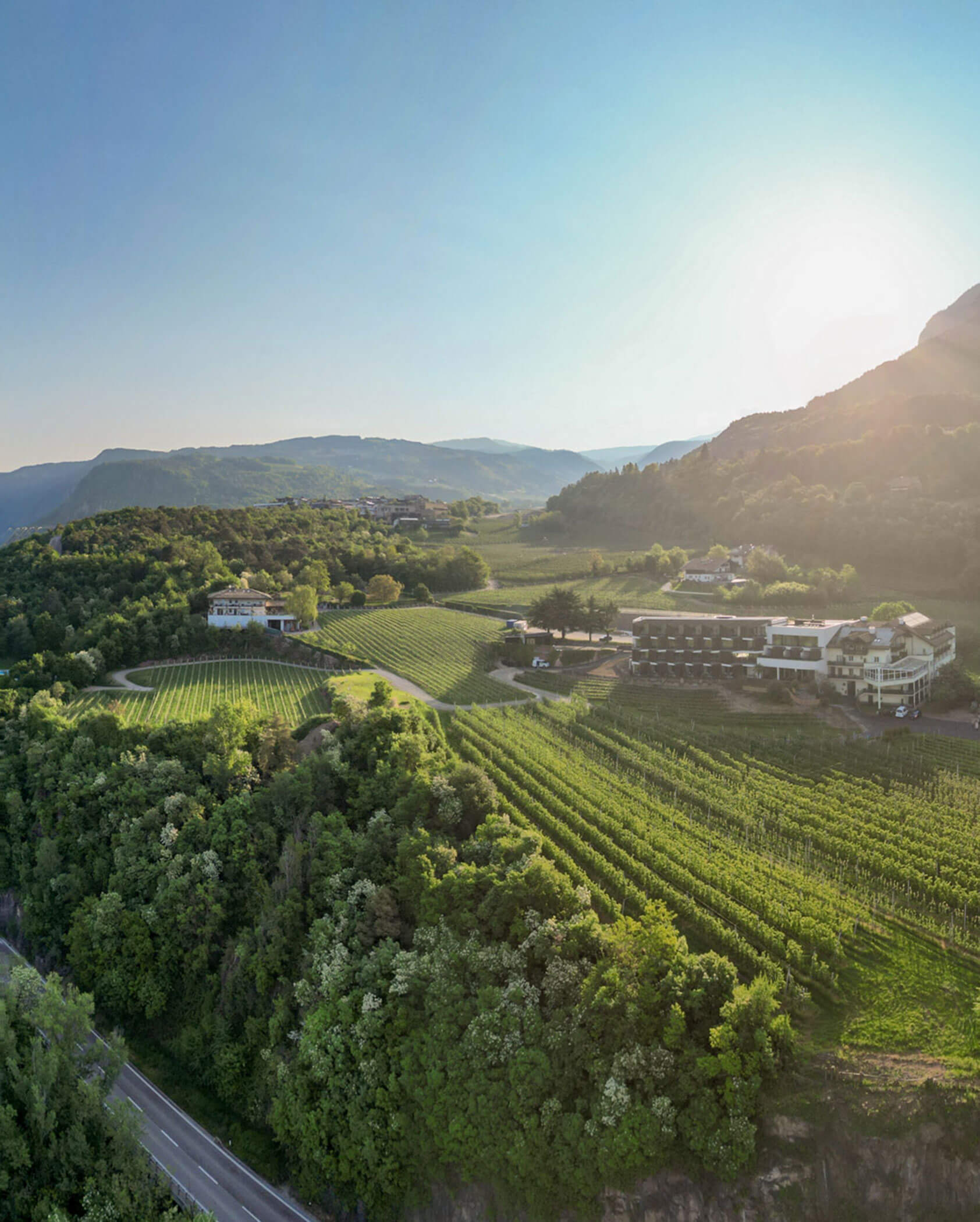 Luftaufnahme von Weinbergen, grünen Hügeln und Gebäuden unter strahlender Sonne in einer malerischen Landschaft. - Hotel Tenz