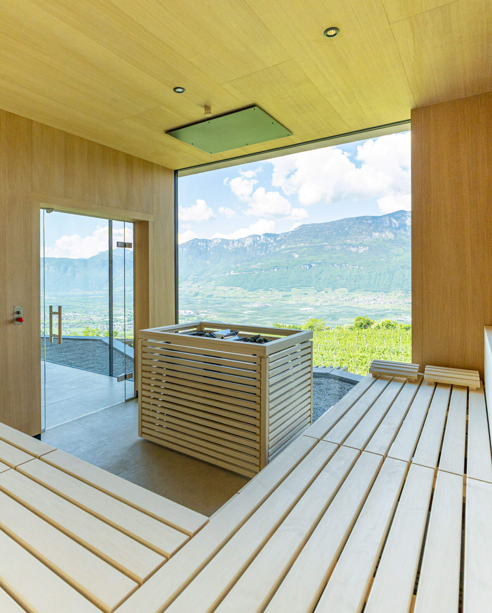 Moderne Sauna mit hellen Holzbänken und großem Fenster mit Blick auf die Berge und die grüne Landschaft draußen. - Hotel Tenz