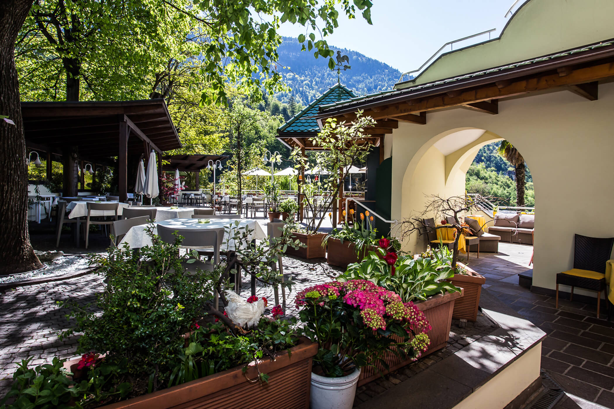 Outdoor patio with tables, chairs, flowering plants, and trees, set against a mountain backdrop. - Hotel Tenz
