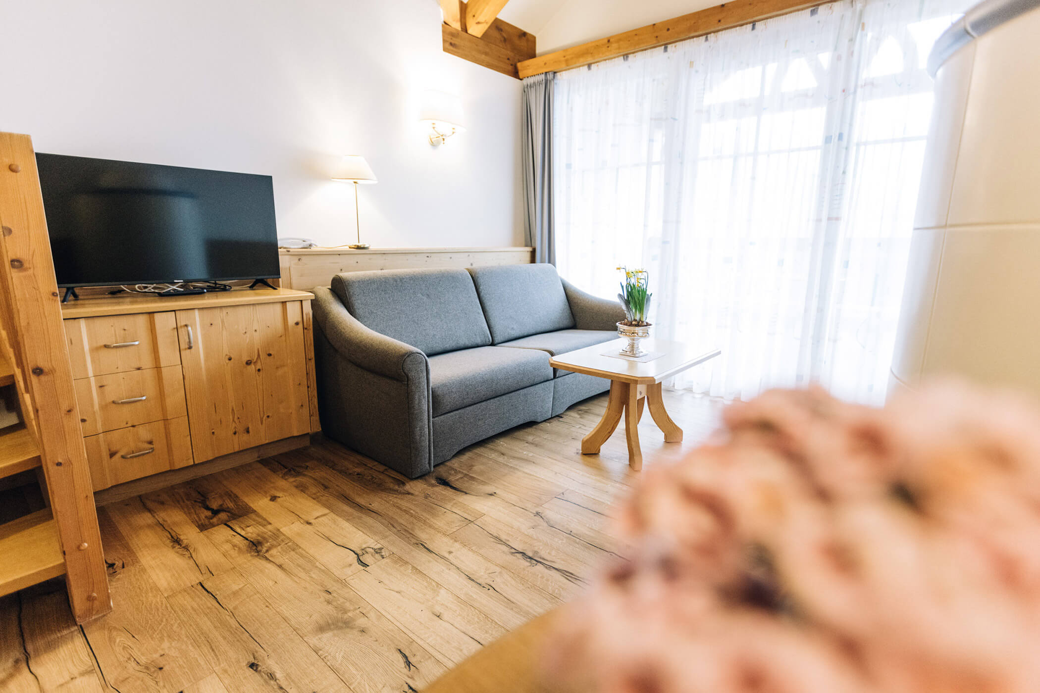 Cozy living room with a gray sofa, wooden furniture, TV, and large window with sheer curtains. - Hotel Tenz